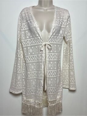 Cream Fringe Boho Western Tie-Front Cardigan Beach Swim Coverup